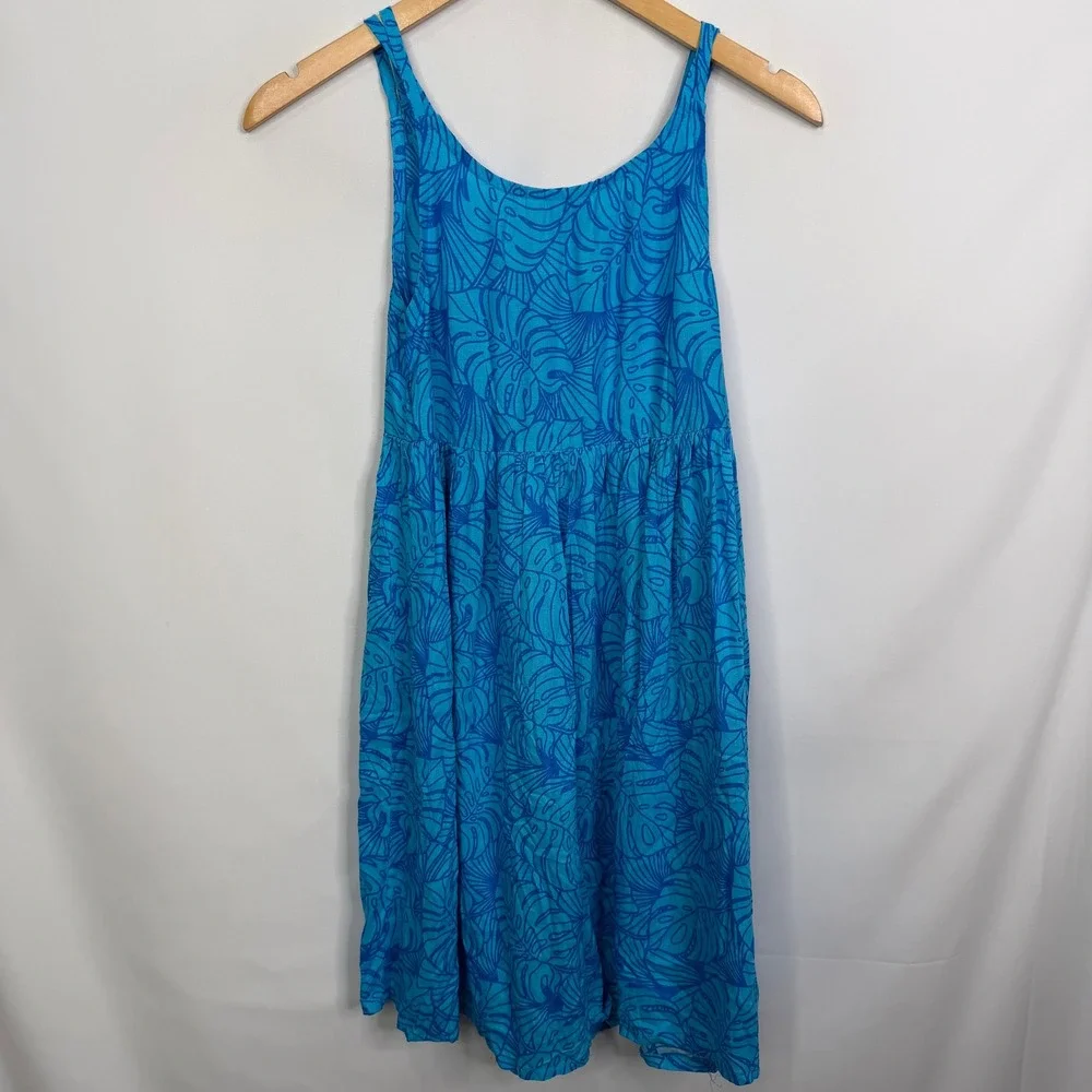 Makai Beach Hawaii Girls Blue Tropical Monstera Leaf Print Sun Dress Size 12